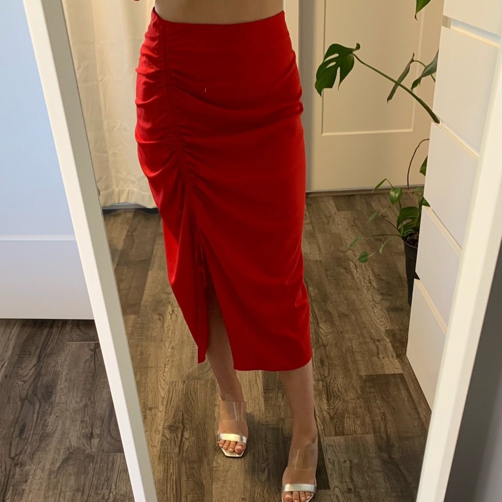 Zara Ruched Red Midi Skirt